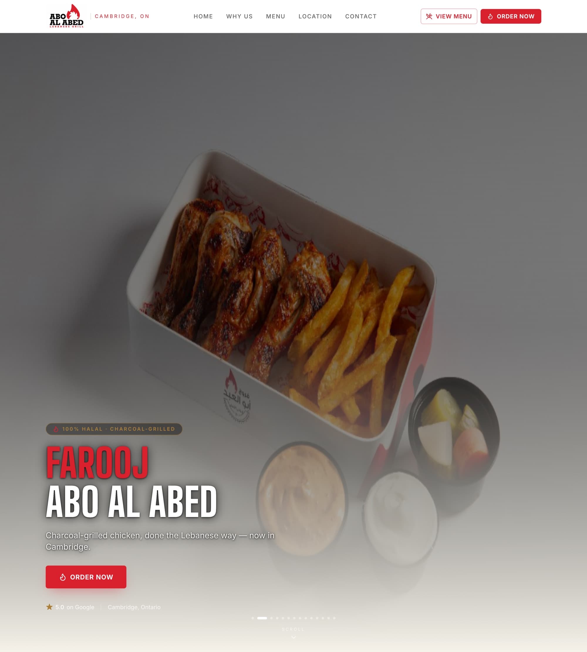 The Farooj Abo Al Abed homepage: charcoal-grilled chicken and fries photographed from above, with the restaurant name and an order button.