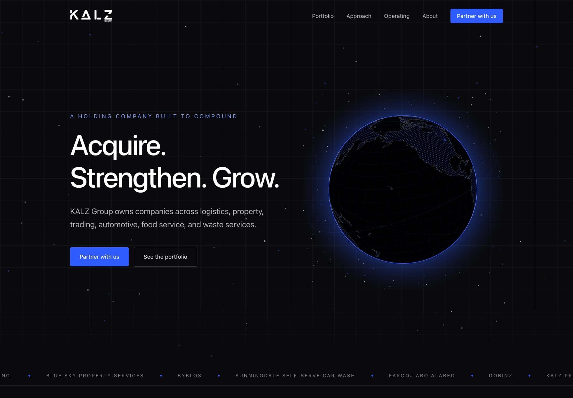 The KALZ Group homepage: a glowing wireframe globe on near-black, beside the line Acquire. Strengthen. Grow.