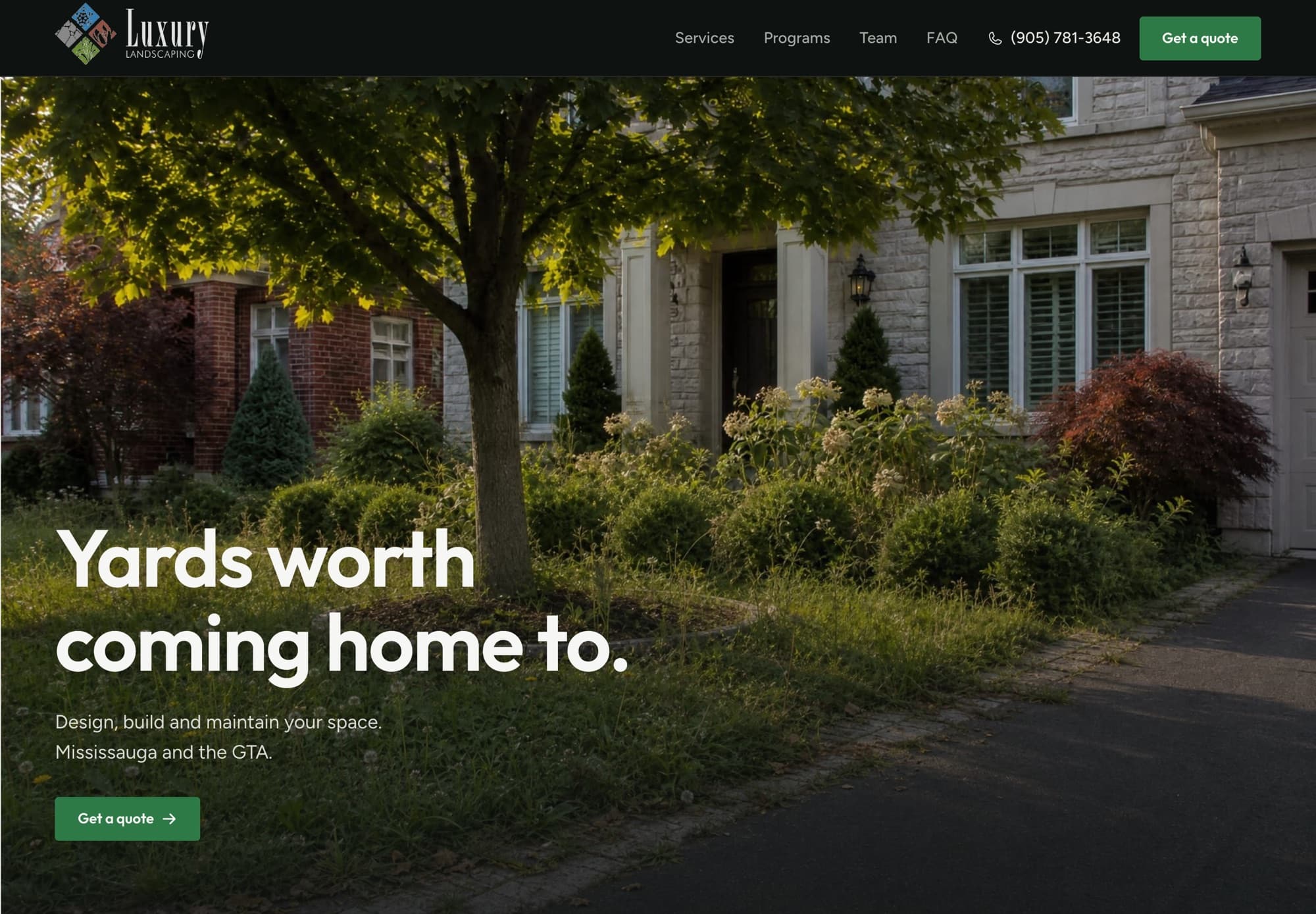 The Luxury Landscaping homepage: a photograph of a planted front garden in evening light, under the line Yards worth coming home to.
