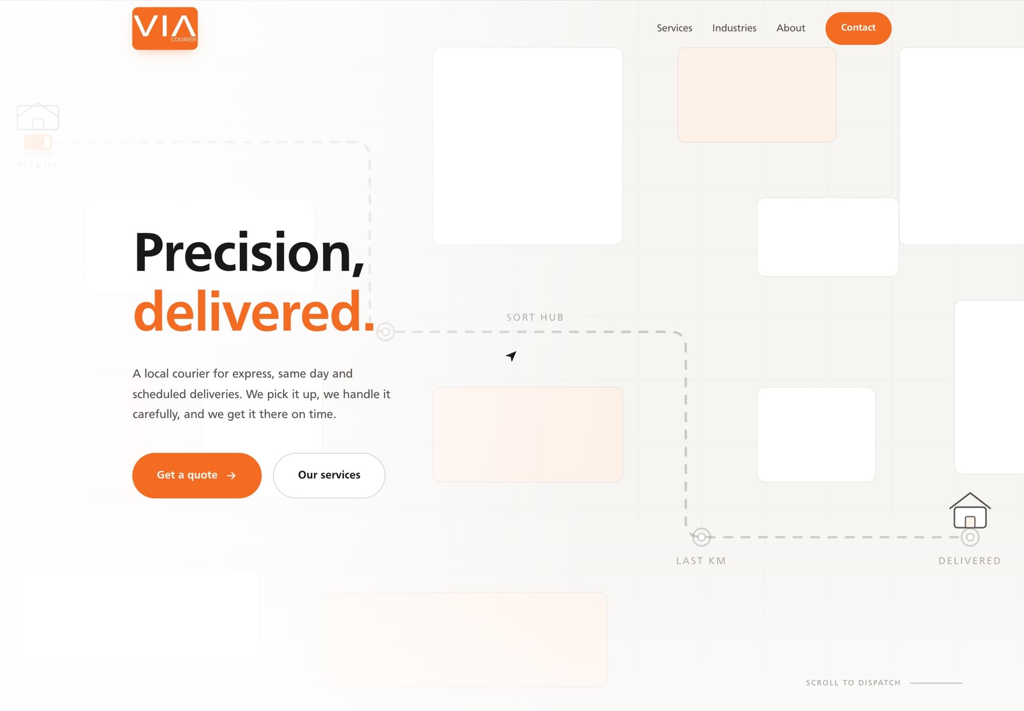 The VIA Courier homepage: the line Precision, delivered. over a pale animated map showing a parcel route from pickup to delivery.